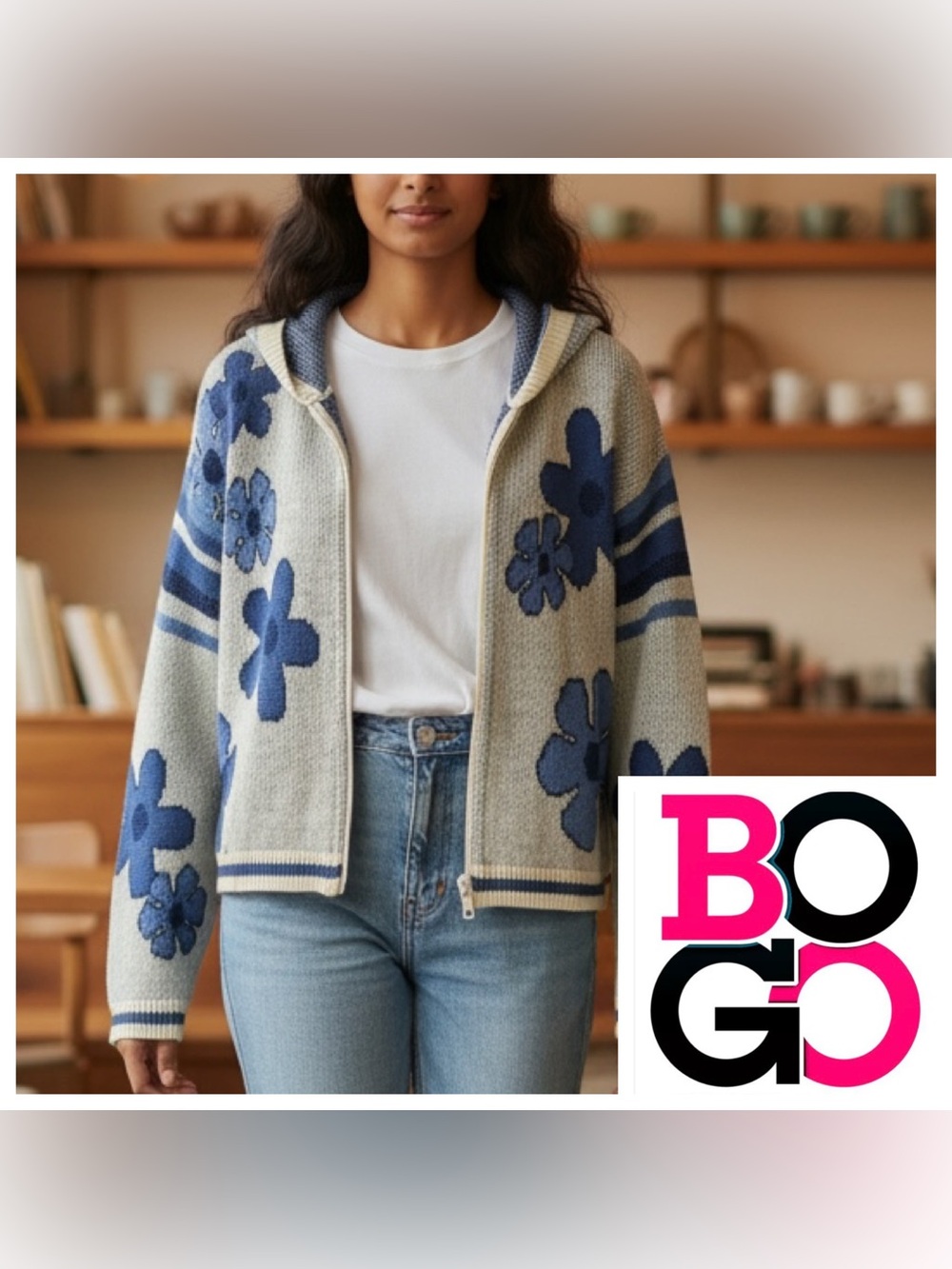 Witty Fox Blue Floral Zip Hoodie Sweater - Women size med